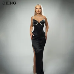 OEING Sexy Black Mermaid Long Prom Dresses Modest V Neck Spaghetti Straps Split Boning Women Evening Gowns Formal Party Dress