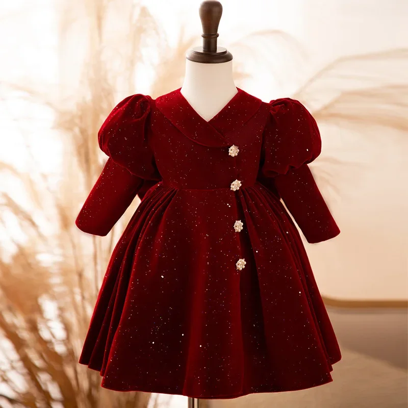 

Newborn Baby Girl Princess Christmas Red Dresses Puff Sleeve Infant Toddler Shiny Vintage Winter Evening Gown Bow 12M-10Y