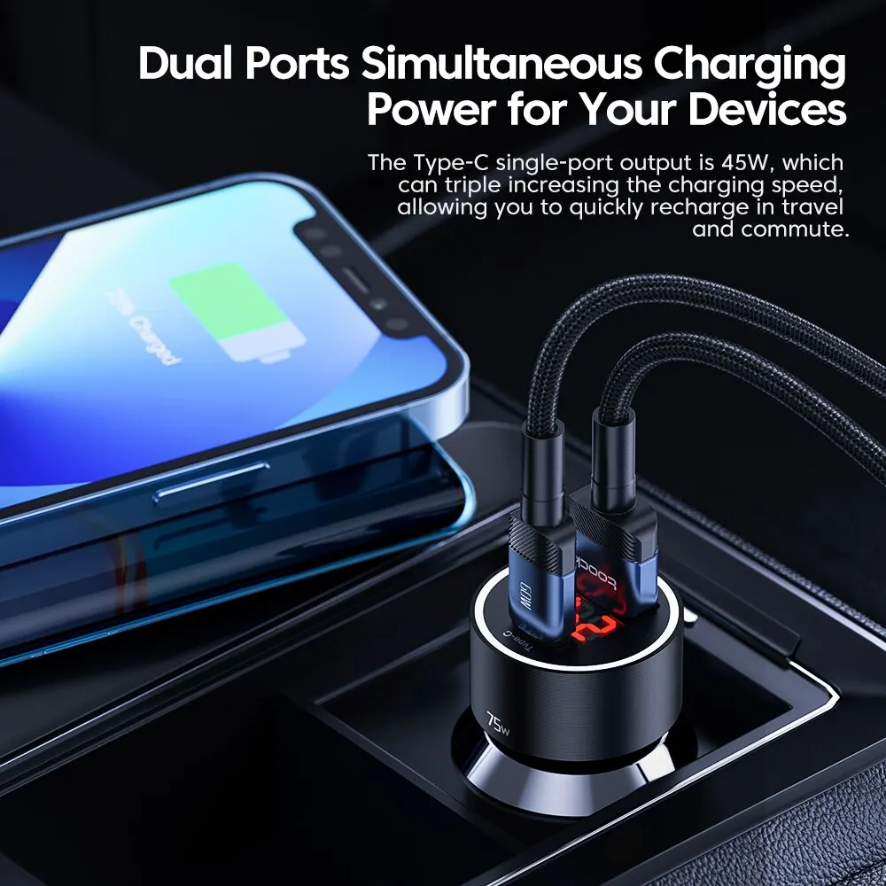 Toocki 75W USB C Charger QC4.0 PD3.0 5A 45W Fast Charging Type C Car Phone Charger For iPhone 15 14 13 12 Samsung Xiaomi Huawei