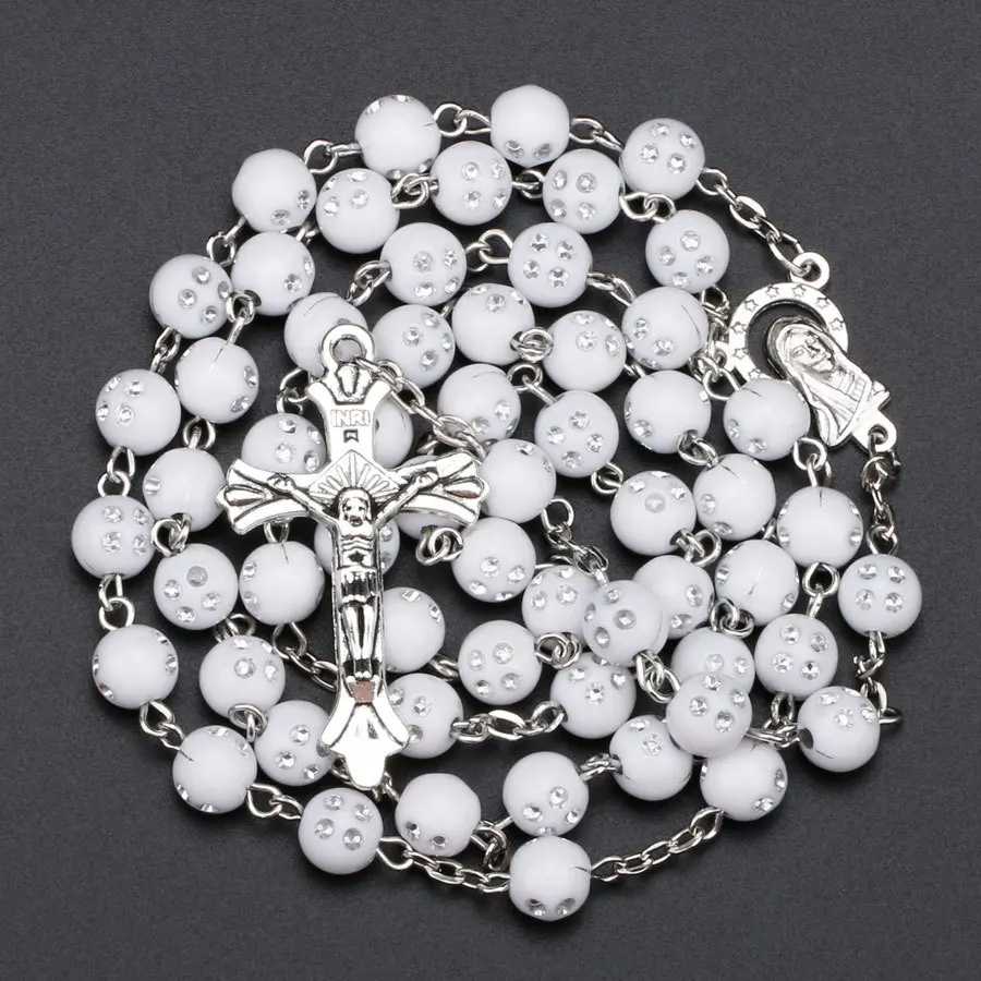 Religion Christian Rosary Necklace For Women Virgin Mary Jesus Cross Pendant 8MM Crystal Beads Long Chain Fashion Prayer Jewelry