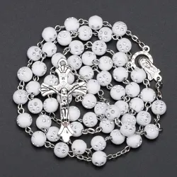 Religion Christian Rosary Necklace For Women Virgin Mary Jesus Cross Pendant 8MM Crystal Beads Long Chain Fashion Prayer Jewelry