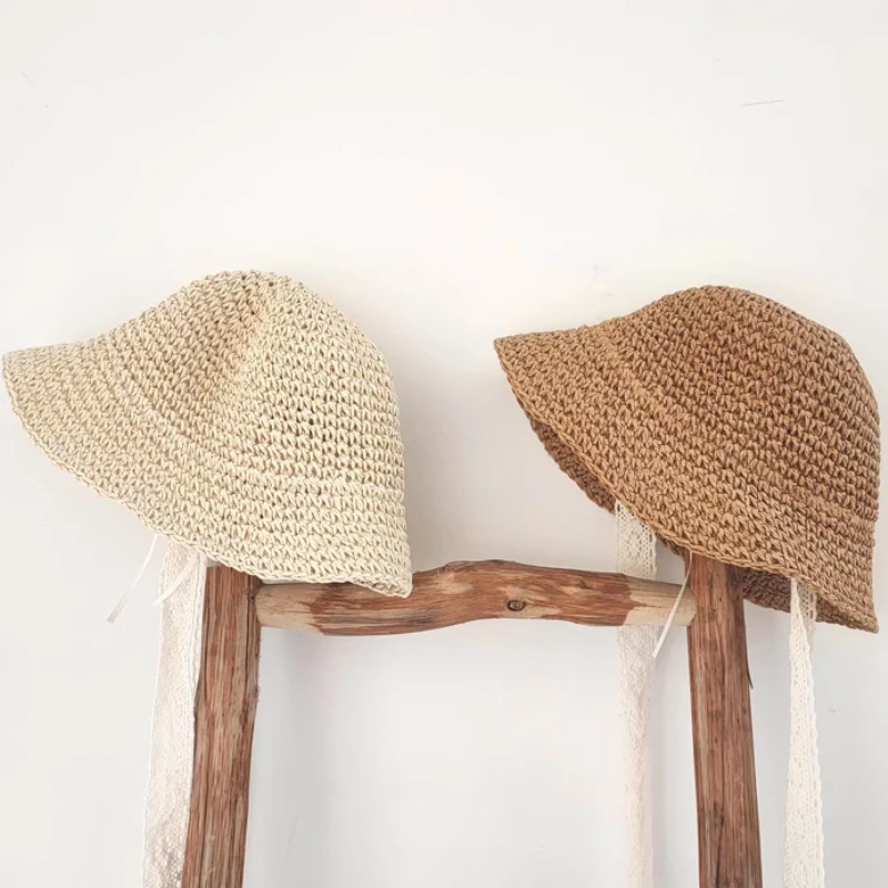 

Cute Lace Girls Straw Hat Summer Bow Girls Boys Sun Cap Wide Brim Sun Protection Kids Fisherman Hat Beach Panama Caps