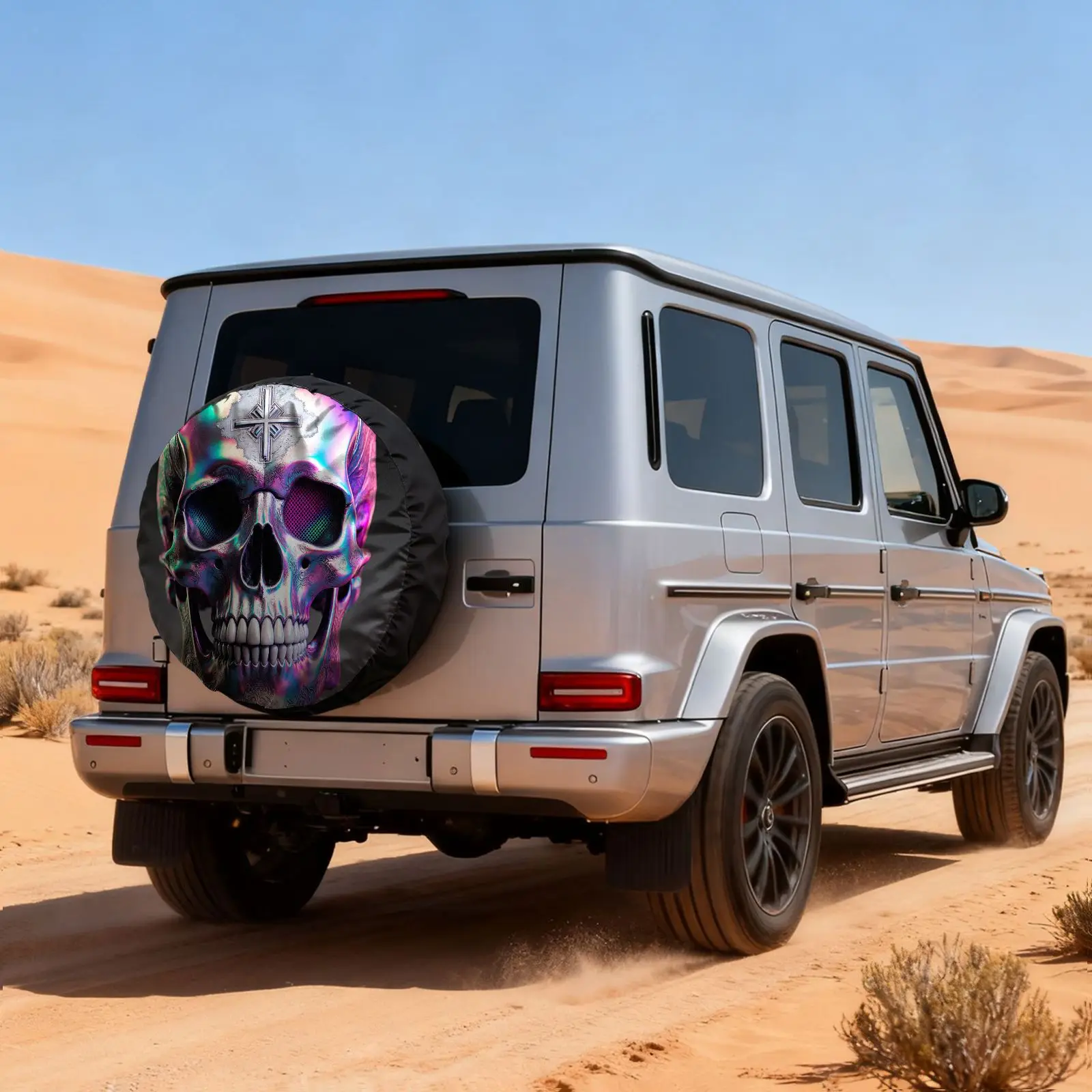 Rainbow Iridescent Metallic Skull Pattern Tire Cover, Polyester Fiber Material, Decorative Print, Wear-Resistant And Not Easy To