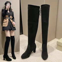 Women Black Over The Knee Boots Women Autumn Winter Sexy Transparent High Heels Long Boots Woman Slip on Sock Botas Plus Size 43