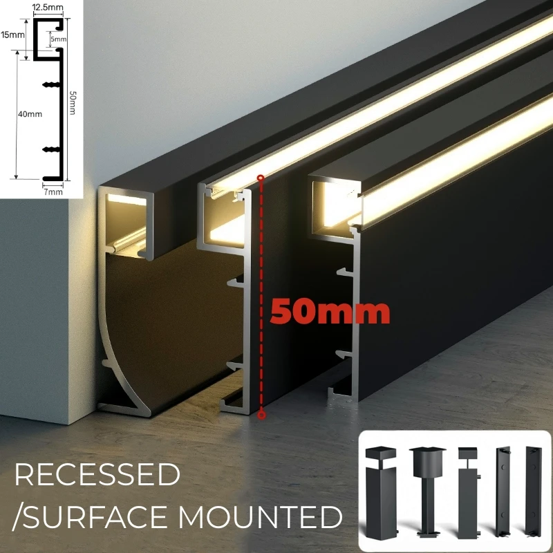 0.5/1M/Pcs 50mm 78mm LED Aluminium Profile Baseboard Hard Bar Strip Light Suface Mounted Metal Wall Skirting Channel Linear Lamp