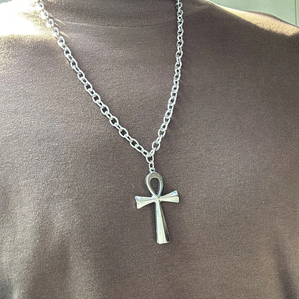 

Unisex Large Egyptian Ankh Cross Pendant Necklace Silver Plated Cross of Life Long Sweater Necklace for Women Men