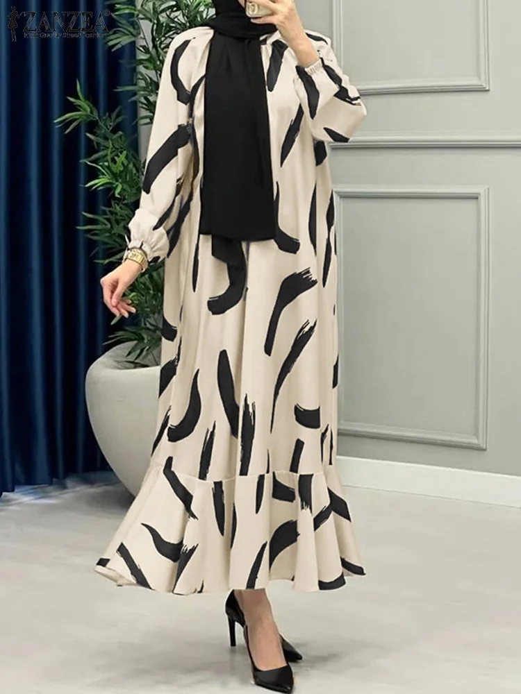 

2025 ZANZEA Women Elegant Long Sleeve Muslim Dresses Abaya Dubai Long Sundress IsIamic Robe Stylish Printed Party Vestido Kaftan
