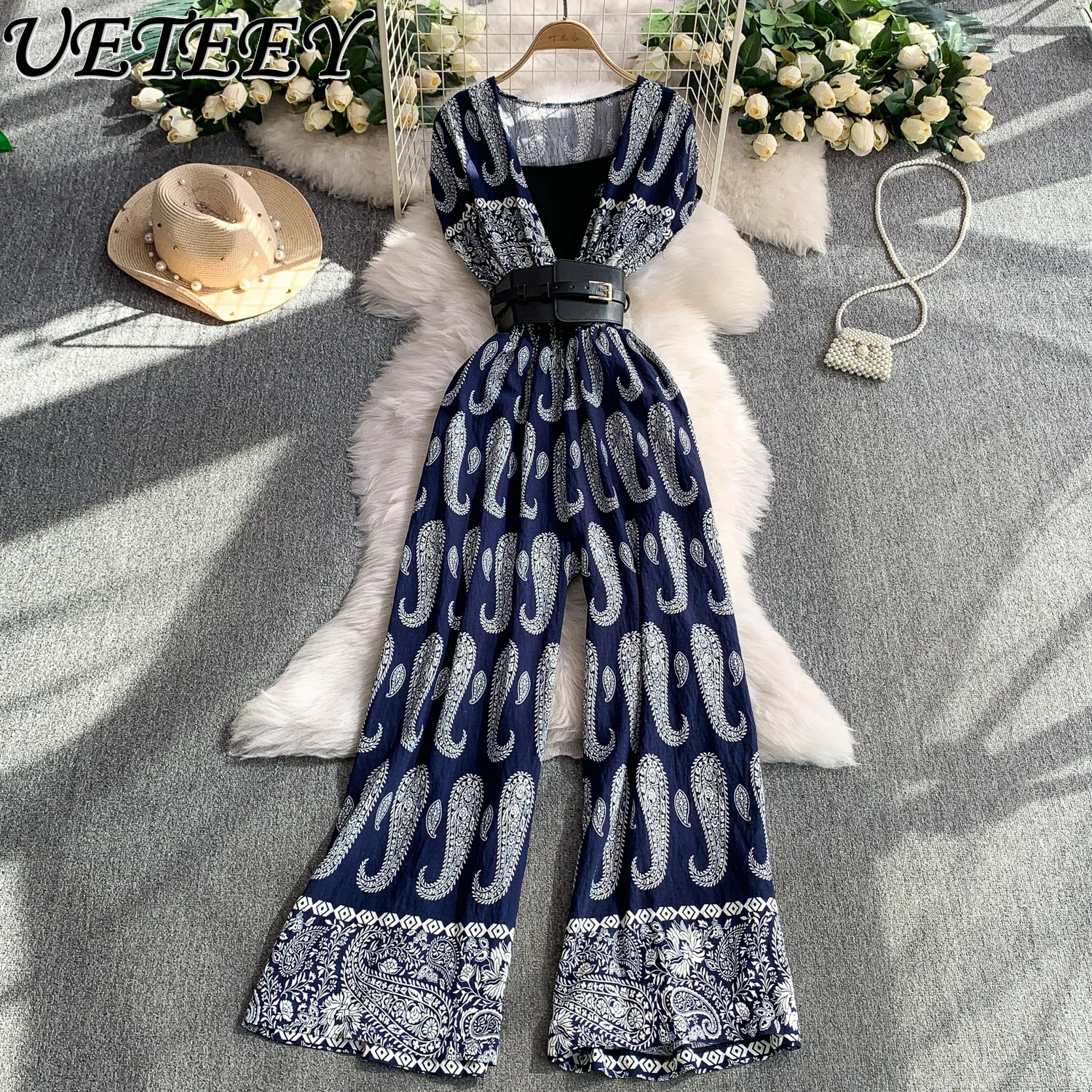 อารมณ์พิมพ์คอวีแขนสั้นJumpsuitผู้หญิงฤดูร้อนความรู้สึกอาวุโสกับเข็มขัดเอวสูงกางเกงขากว้างBodysuit