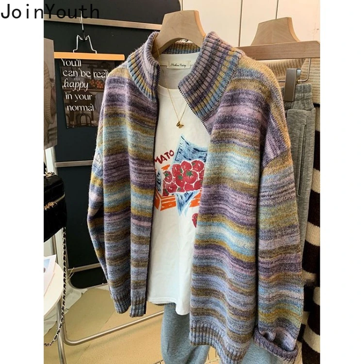 Knitwear Casual Cardigan Jackets Women Fashion Rainbow Stripe Sueter Mujer Stand Neck Zipper Casual Vintage Oversized Sweater