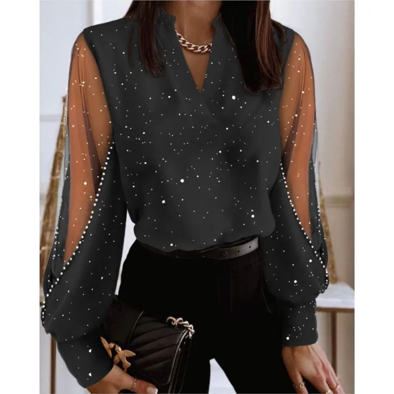 Elegant Sexy Hollow Out Lace Floral Embroidery Shirts Female Fashion V Neck Long Lantern Sleeve Loose Blouse Street Style Shirts