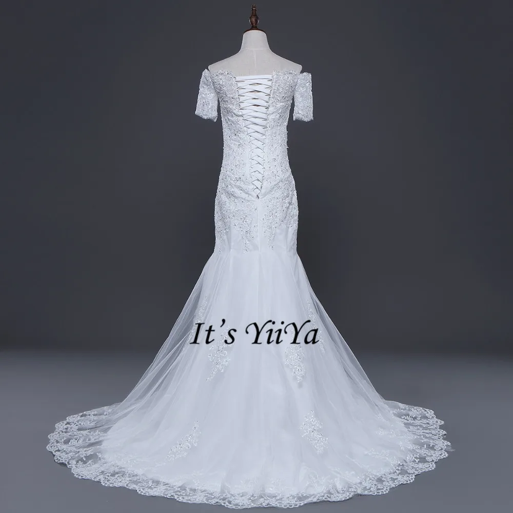 Abiti da sposa a maniche corte liquidazione abiti da sirena De Novia abiti da ballo da sposa con spalle scoperte abiti lunghi da treno HS705