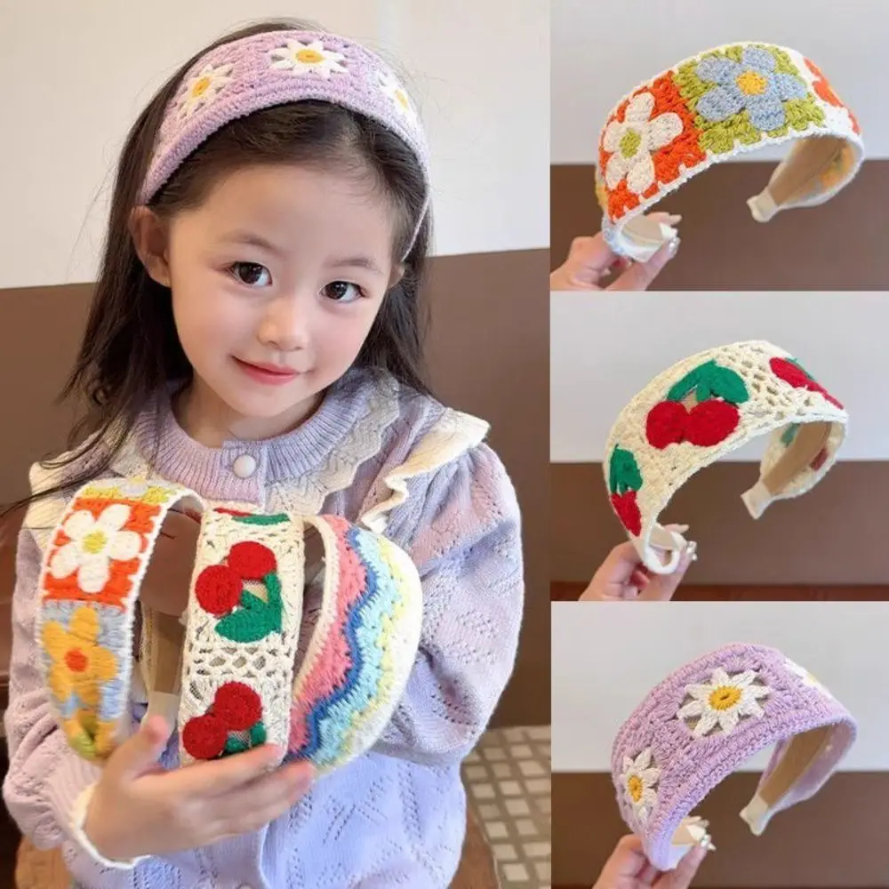 

Elegant Colorful Knitted Kids Headband Embroidery Knit Woolen Wide Hair Hoop Ethnic Style Crochet Children Hair Band Daily