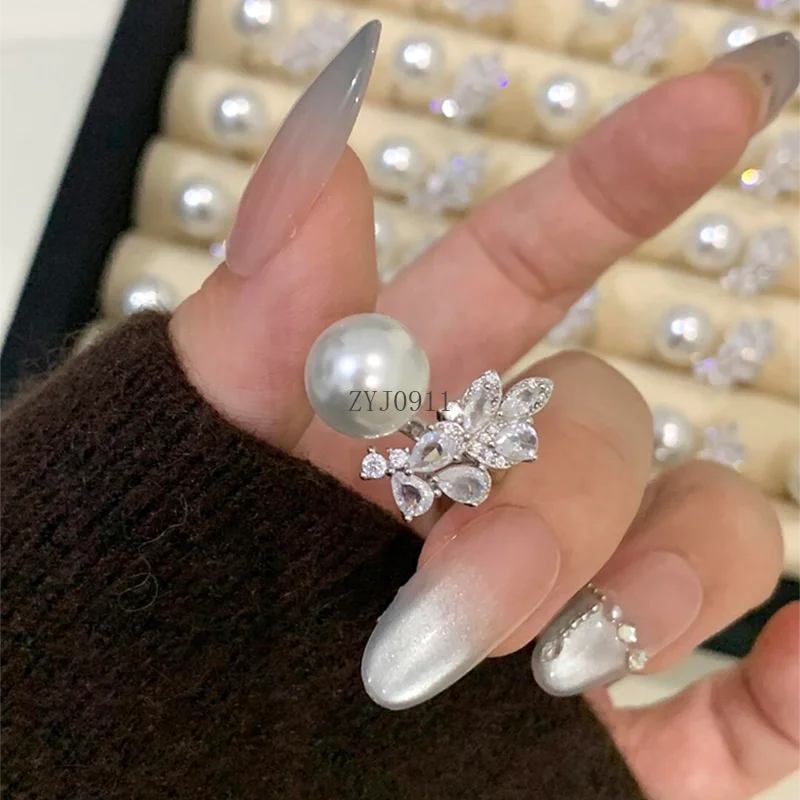 Cincin Mutiara Zirkon Daun Perak Sterling Cincin Jari Desain Pembukaan Rasa Premium Mewah Ringan Prancis