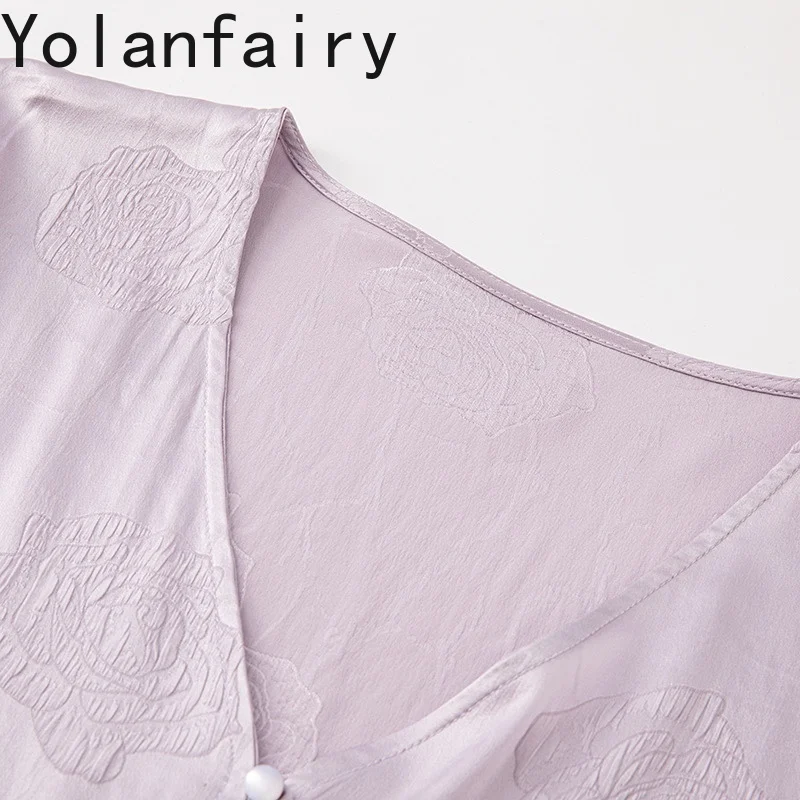 YOLANFAIRY 93% 멀 베리 실크 긴 소매 셔츠 여성 우아한 보라색 여름 탑 새틴 로즈 통기성 셔츠 여성 카디건