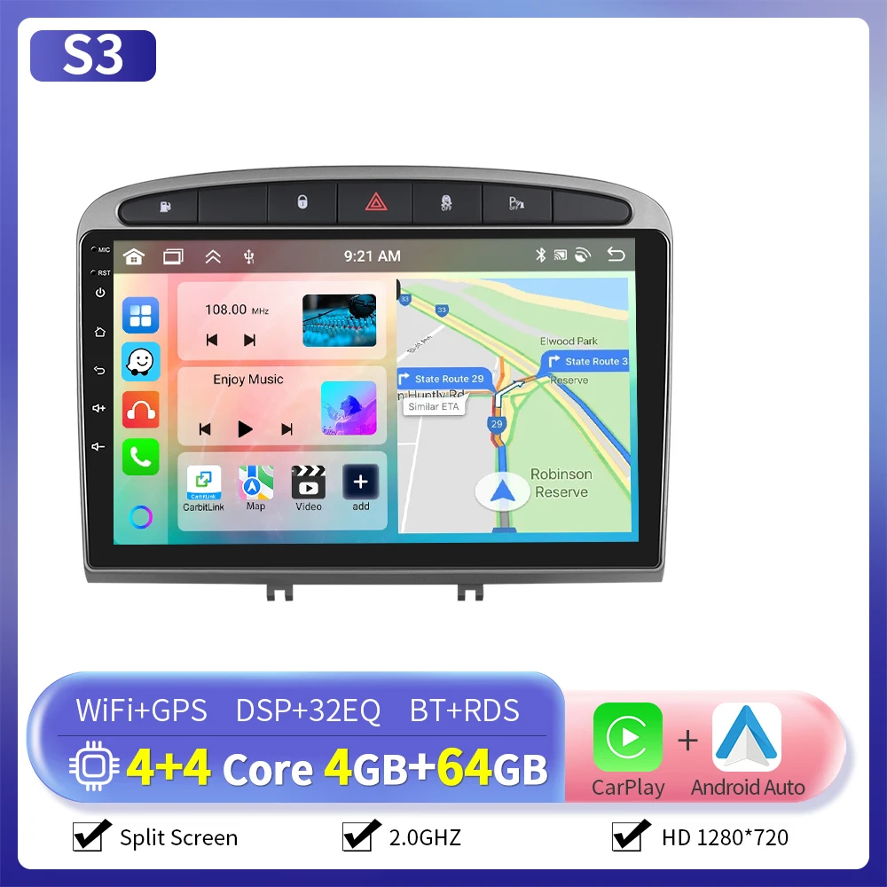 Camecho Draadloze Carplay Android Auto Radio voor Peugeot 308 408 2007-2015 Auto Intelligent Systeem 6 + 128G 4G WIFI GPS Auto Stereo