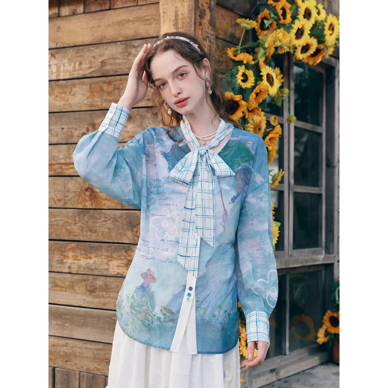 

Van Gogh-inspired summer night dream print tie-up v-neck chiffon blouse for women