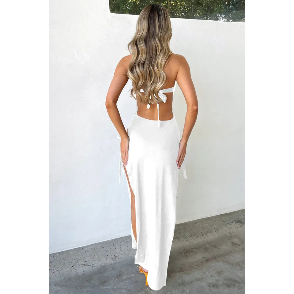 Robe longue vintage à bandes pour femmes, robe de soirée élégante évidée, robe maxi pour dames, boîte de nuit Rode, batterie con, été