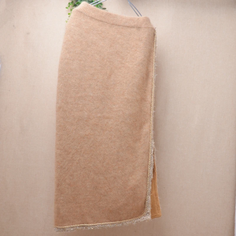 Irregular Fashion Ladies Women Autumn Winter Hairy Soft Genuine Pure Mohair Angora Wool Knitted Split Shining Sweater Skirt Pull