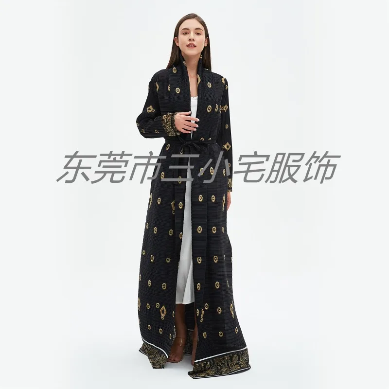 KAF Pleated Vintage Printed Women Plus Size Trench Coat Clashing Color Lapel Cardigan Design Arab Luxury Female Abaya 2024 New