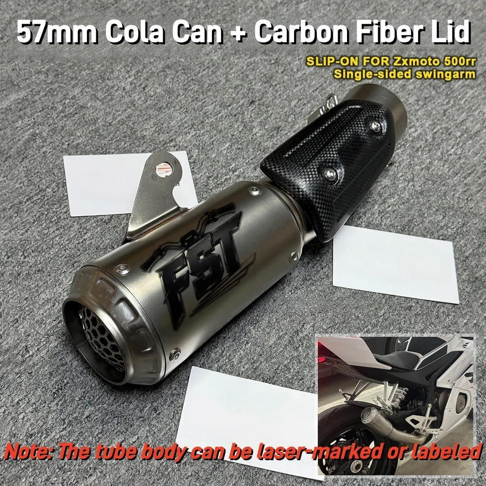 For ZXMOTO 500RR FST Cola Can Exhaust Tip, 57mm Caliber, Stainless Body, Carbon Fiber Cover Moto Escape