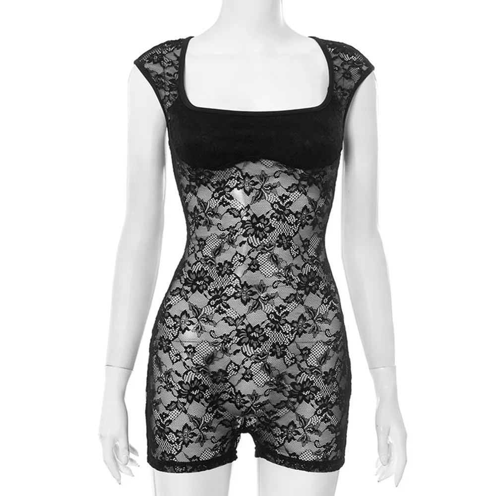 BKLD ชุดฤดูร้อน 2025 ใหม่เซ็กซี่ Y2k เสื้อผ้าผู้หญิงโปร่งใสลูกไม้แขนกุดสแควร์กางเกงขาสั้น Jumpsuit Rompers