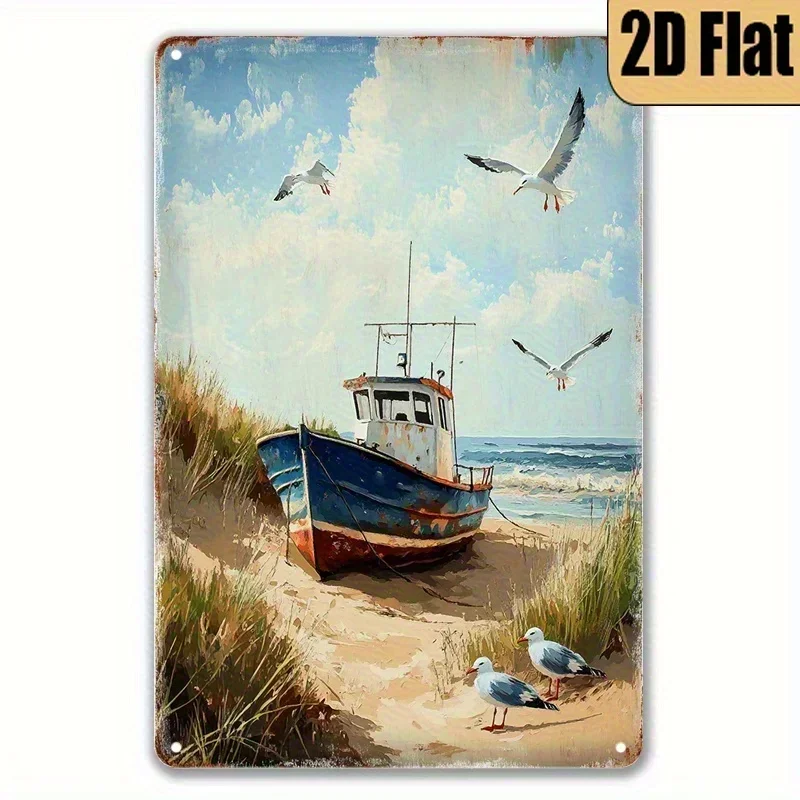 Vintage Nautical Boat Metal Wall Art – Rustic Ocean Scene  Sign for Garage or Beach House, 8x12 Inch Plaque