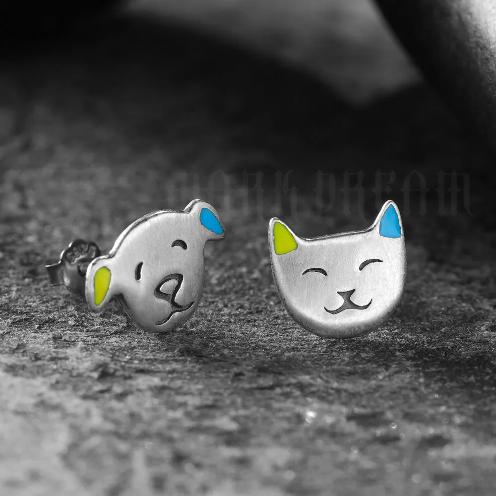 

1 Pair Sterling Silver 925 Stud Earrings Dog Cat Face Painted Cute Design Jewelry Charm High Quality Party Gift