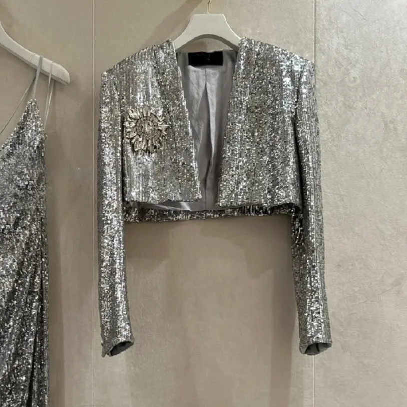 Socialite Style Exquisite Rhinestone Flower Sequined Short Coat 2023 Fall New Luxury Sexy Slit Backless Suspender Dresses Suit