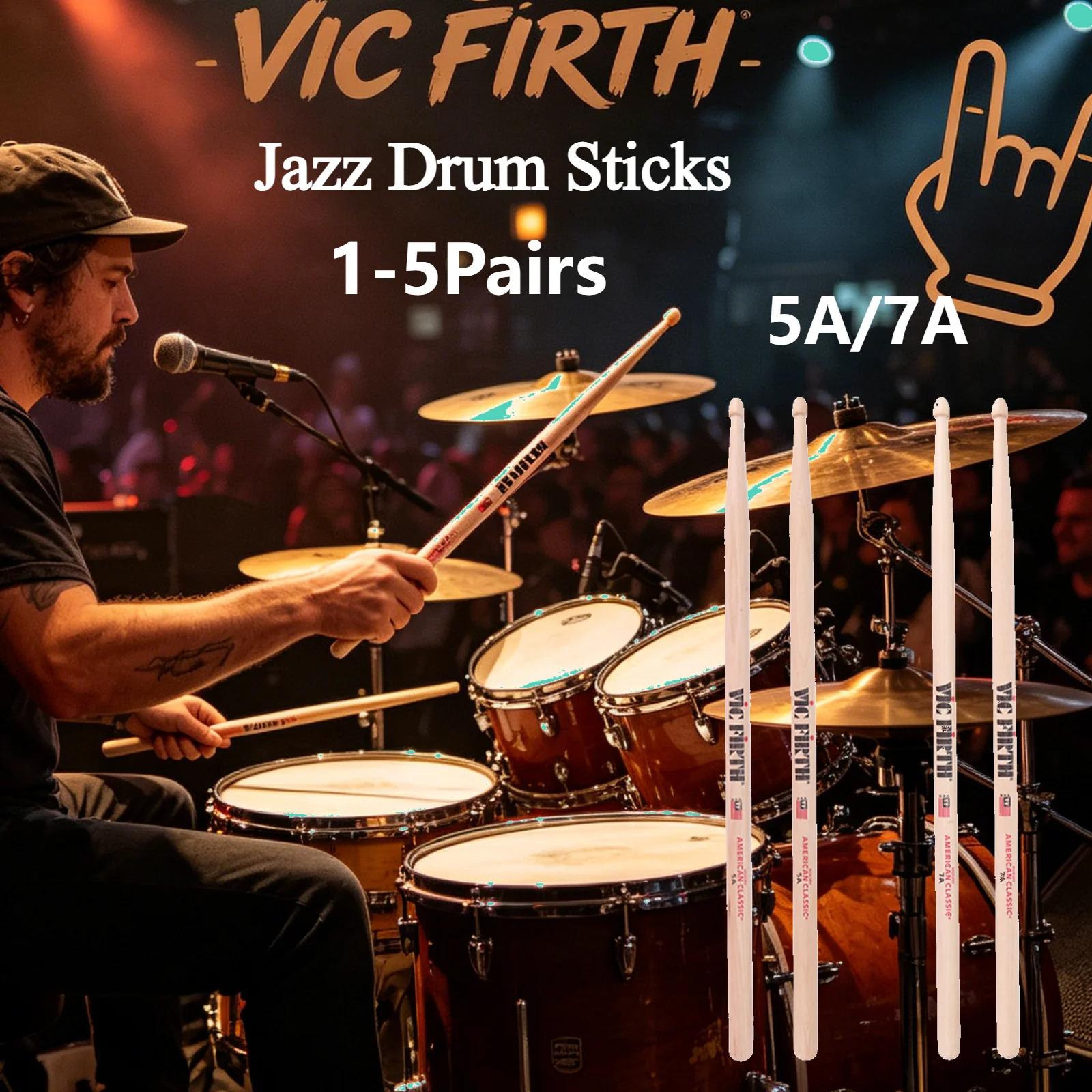 Baquetas de Jazz de 2 a 10 Piezas, Baquetas con Punta de Madera 5A/7A, Baquetas de Nogal Americano, Baquetas Clásicas para Batería Acústica/Electrónica