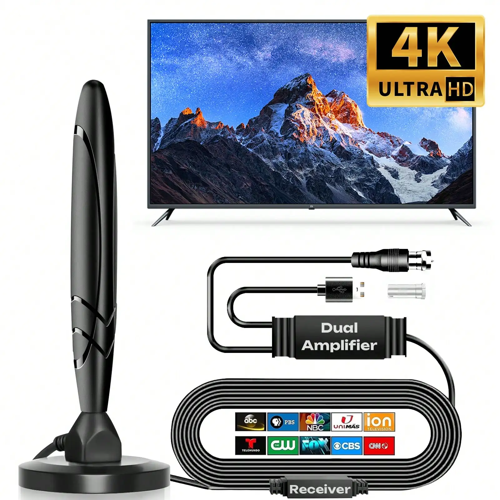 Antena de TV Digital HD 2025 compatible con 4K 1080p todas las televisores en canales locales VHF UHF con amplificador amplificador de señal + Base magnética fuerte