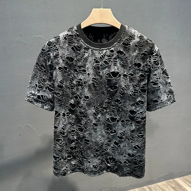 New Summer Trendy Brand T-shirt Loose Casual and Versatile Tie-dye Ripped Design Round Neck Men's Short-sleeved Top