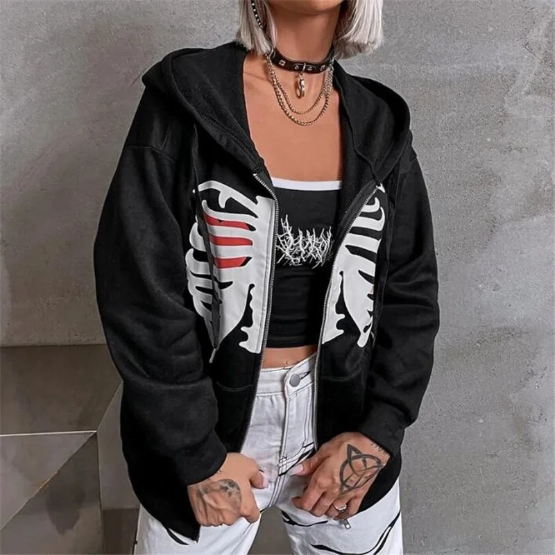 Felpe oversize Punk Harajuku manica lunga Gothic Y2k felpe con Zip Top donna Grunge Skeleton Print giacca allentata capispalla