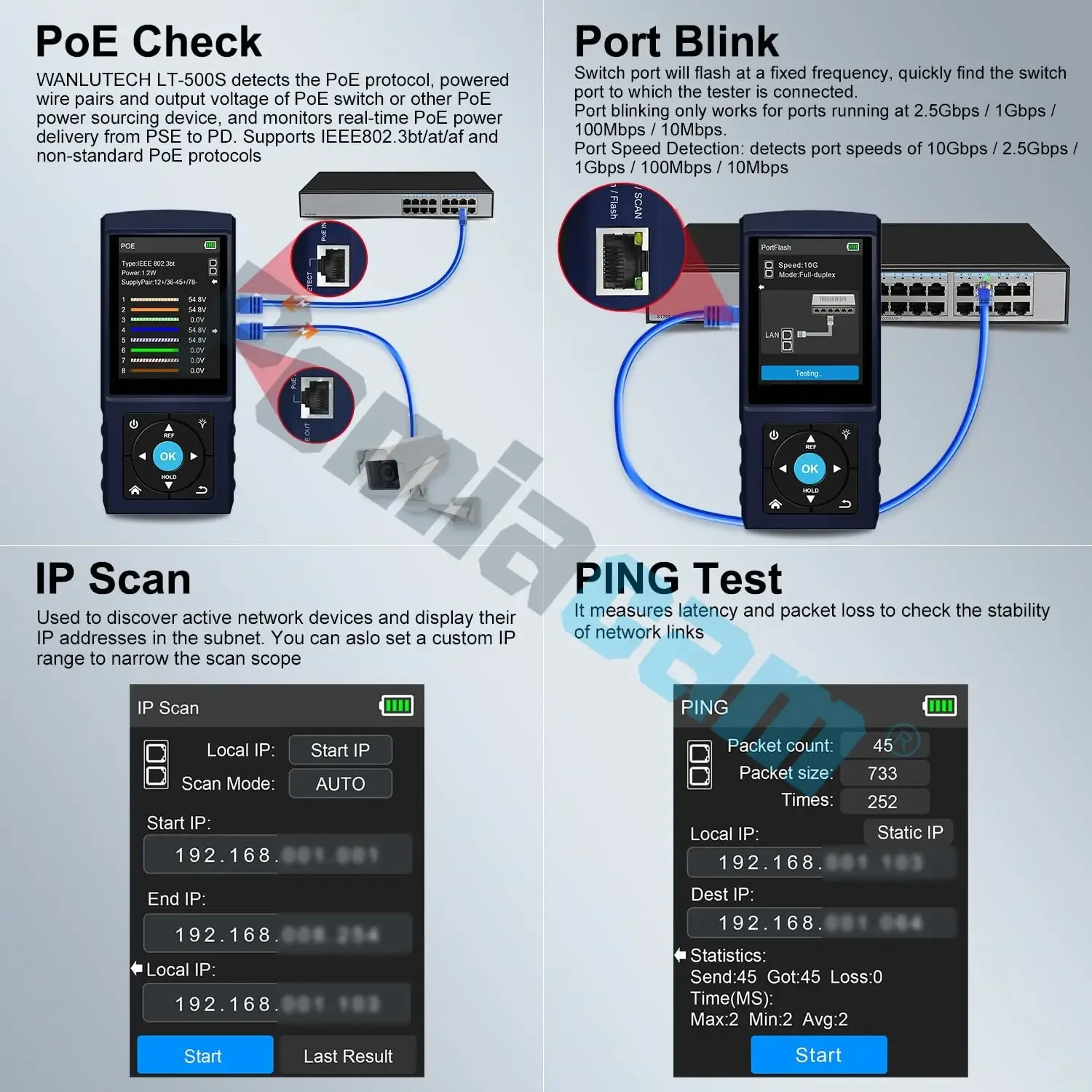 Multifunction LAN Network Cable Tester  PoE Detection, Port Flashing,IP Scan, PING,Optical Power Meter Visual Fault Locator