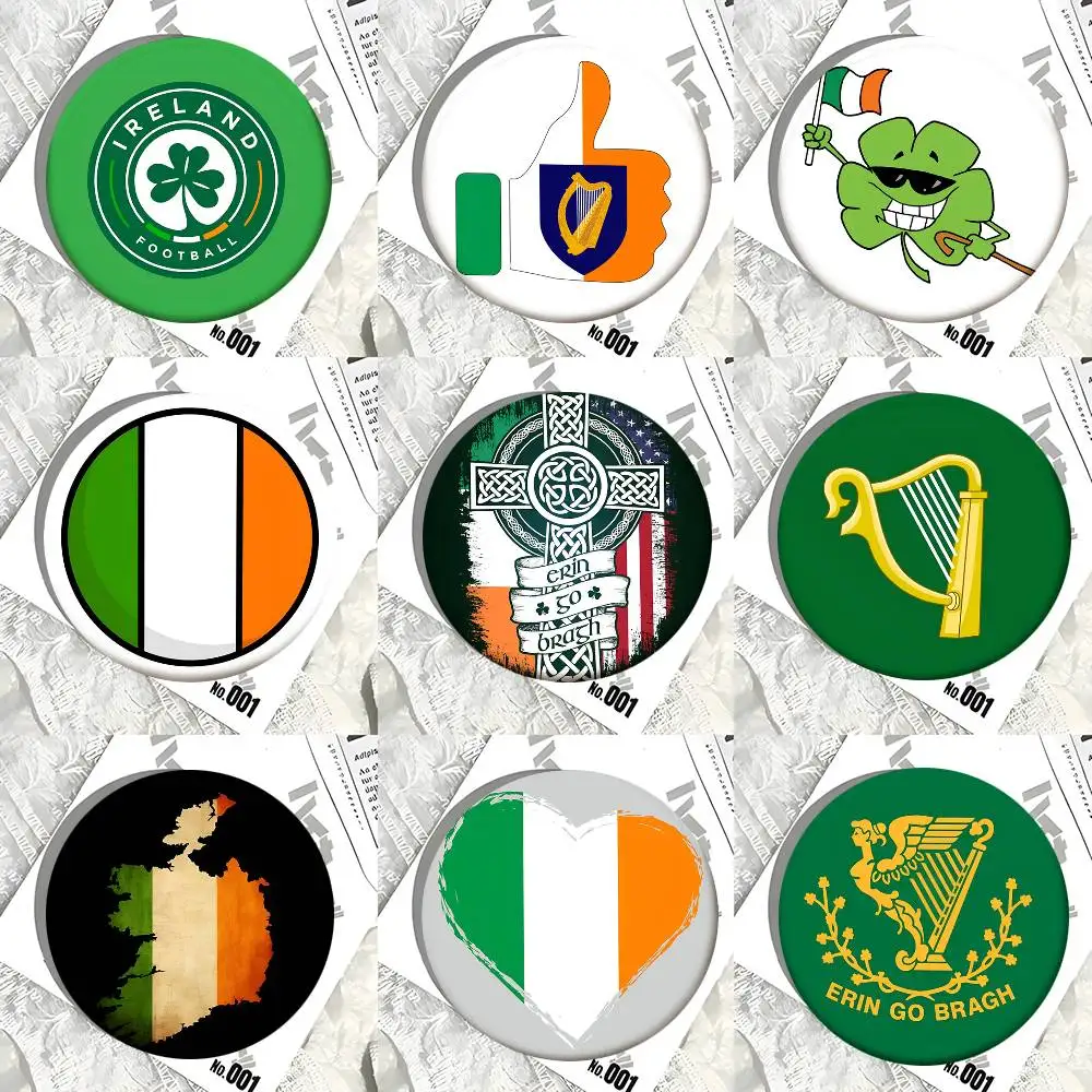 1 Stück Irland-Flagge, irische Harfe, Erin Go Bragh, Cartoon-Stil, Abzeichen, Broschen auf Rucksack, Dekoration, runde Emaille-Pins für Accessoires