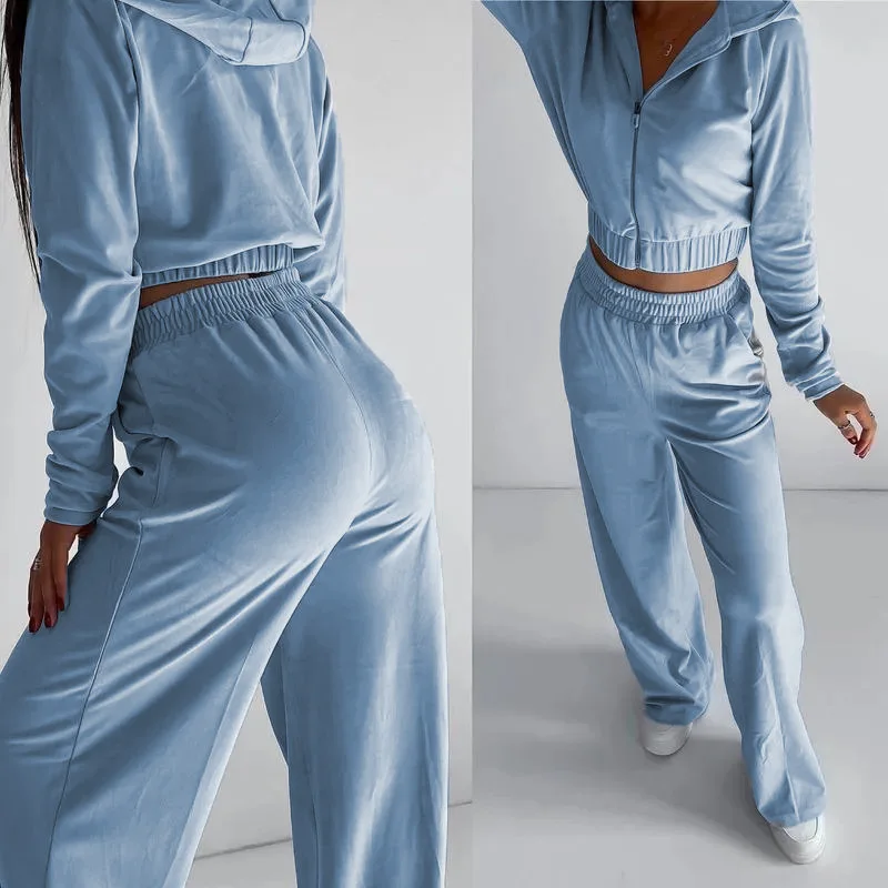 Lady Streetwear Suit Loose Short Hoodie Pants Two-piece Set Women Clothing Soild Zipper Hooded Tops Trousers Sets Female Outfit