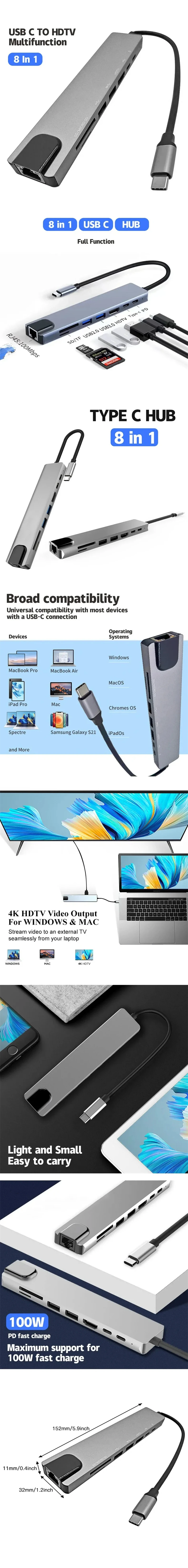 USB C Hub 8-in-1 Typ C auf 4K HDTV-Adapter mit RJ45 SD/TF-Kartenleser Schnellladegerät für MacBook Notebook Windows Laptop Computer – Detail 3
