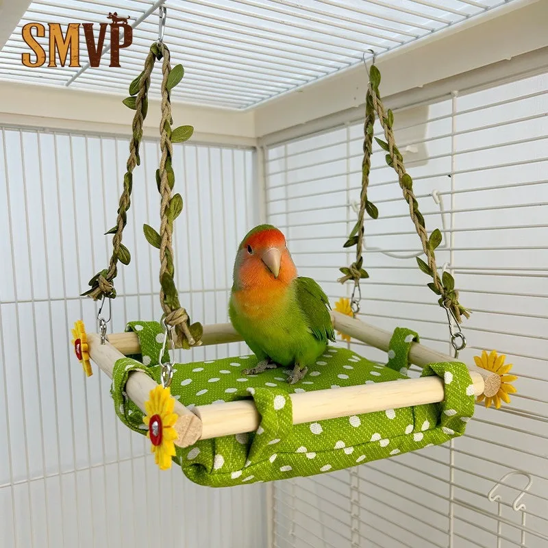 

Новая зеленая гамак-люлька с принтом в горошек и элементами из массива дерева для домашних птиц, попугаев, аксессуары для клеток, игрушки для птиц