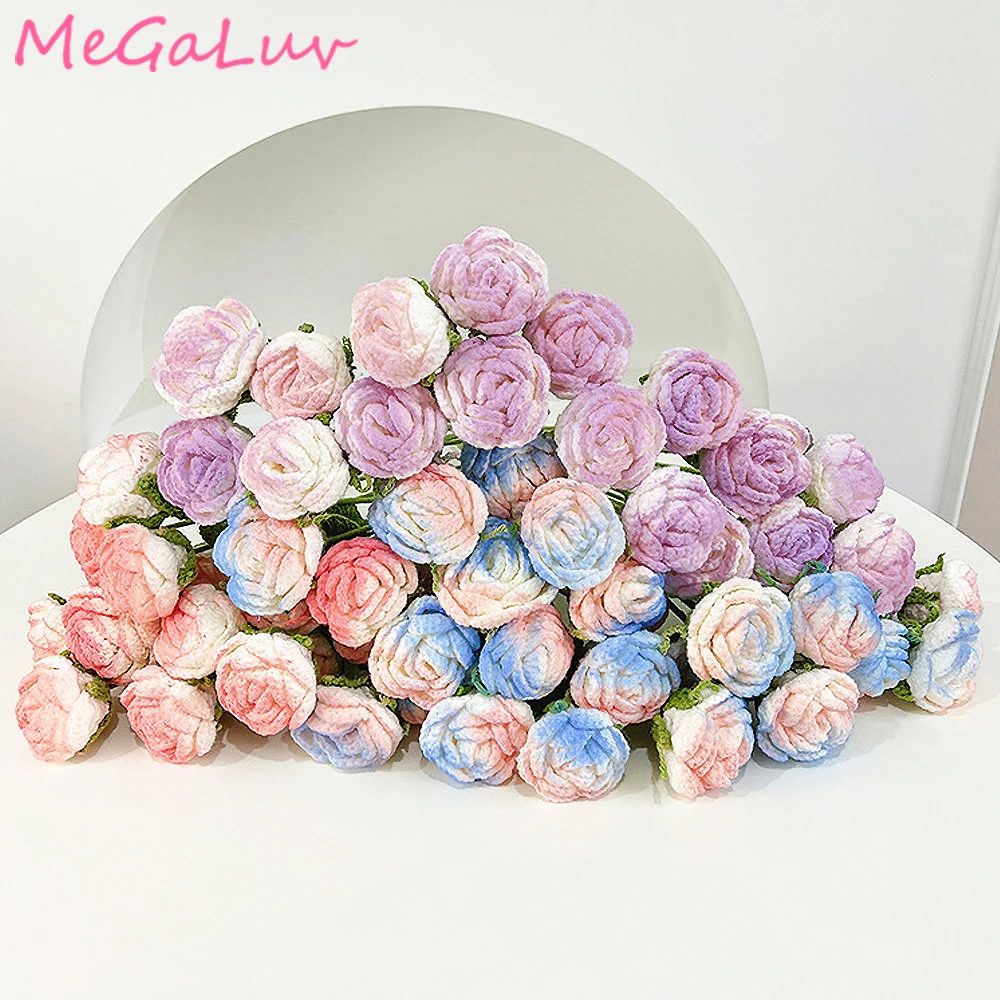 

1pcs Hand-Knitted Gradient Rose Bouquet Crochet Flower Finished Homemade Knitted Flower Valentine's Teacher's Mother's Day Gifts