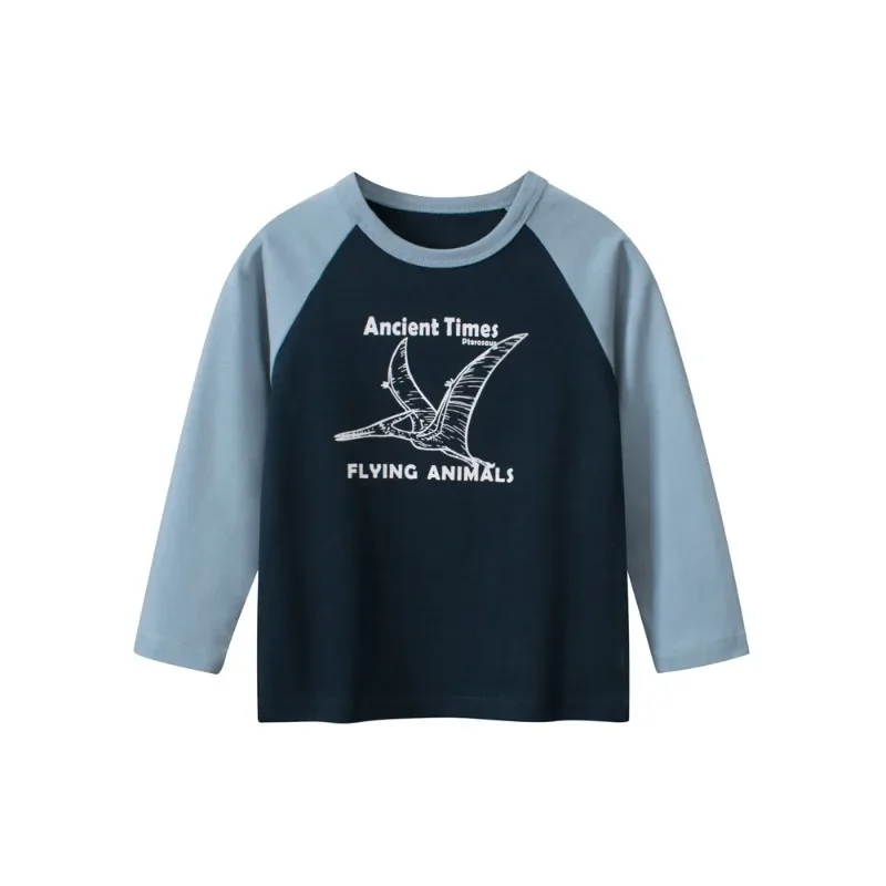 

2025 Spring Autumn Children's Clothing Boys Long Sleeve T-shirt Cartoon Dinosaur Letter Splicing Bottoming Shirt Kids Clothes