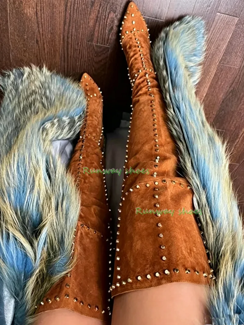 Vintage Camel  High Boots For Women Gold Metal Stud Rivet Decor Pointed Toe Stiletto Heel Dinner luxury Over‑the‑Knee Boots 2026