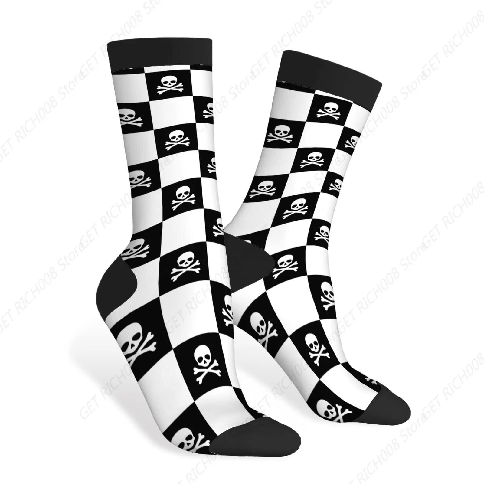 Skull Funny Socks Crossbones Skeleton Ghost Pirate Checked Gothic Halloween Novelty Casual Crew Socks Contrast Color Design