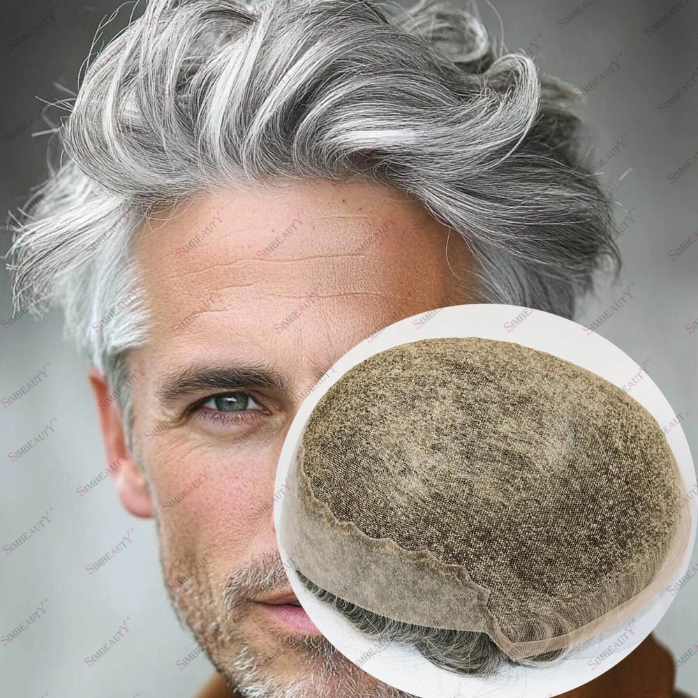 

1B65 1B80 Grey Hair Lace Front Q6 PU Base Old Men Toupee System Breathable Swiss Lace Natural Hairline Easy Install Prosthesis