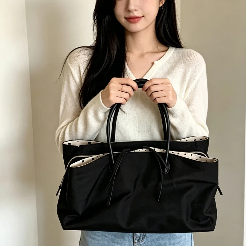 Korean New Nylon Tote Bag Polka Dot Lining Multi-layer Large Capacity Office Work Travel Shoulder Bag Women Solid Color Handbag