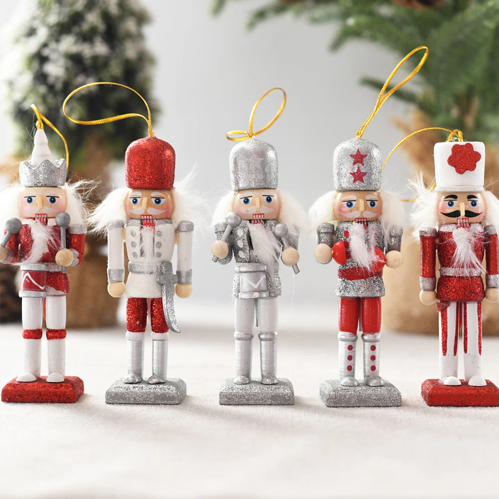 5 pcs Wooden Christmas Nutcracker Figures Ornaments Christmas Nutcracker Ornaments for Table Desktop Fireplace Christmas Tree