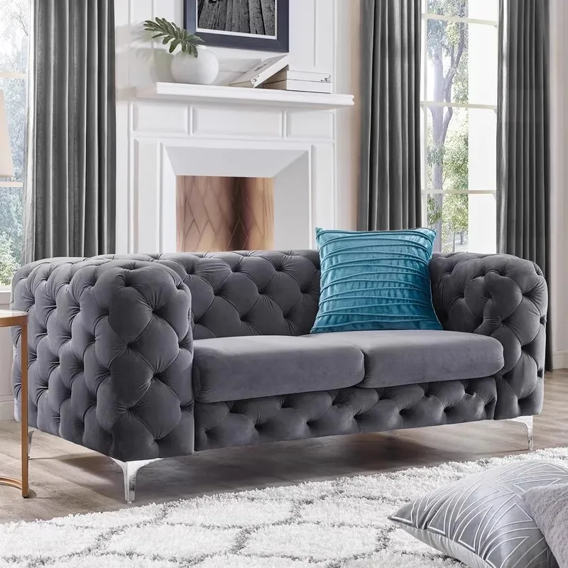 Light luxury pull buckle velvet sofa small apartment living room high-end modern living room sofa combination