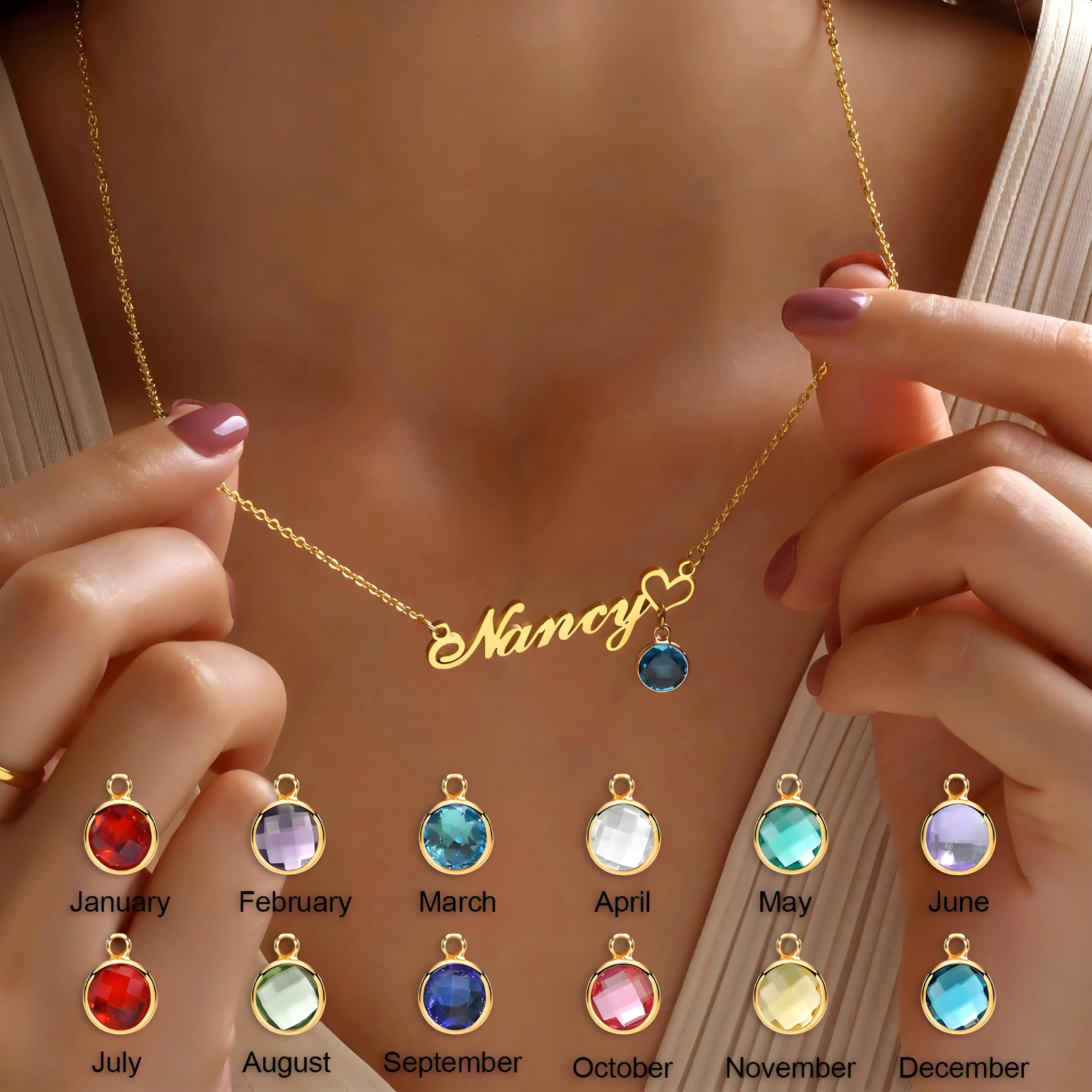Custom Gold - Tone Name Necklace with Monthly Birthstone Options, Handmade Jewelry for Her, Perfect Gift for Anniversaries