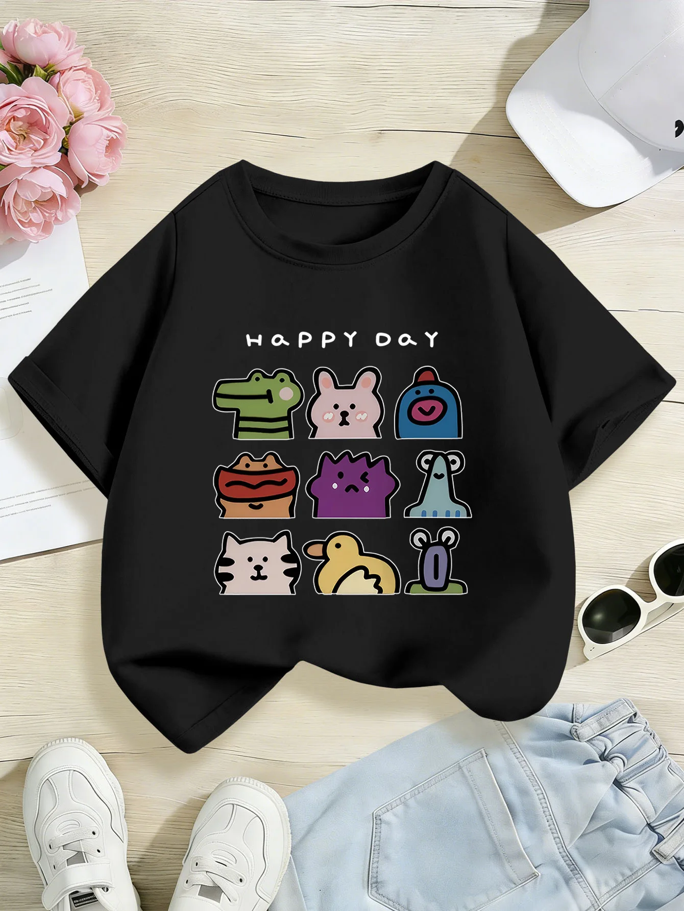 Happy Day Doodle Grid Print Boys Girls Short Sleeve Tee Parent Match Soft Cotton Kids Fresh Lovely Daily Casual Fashion T Shirts