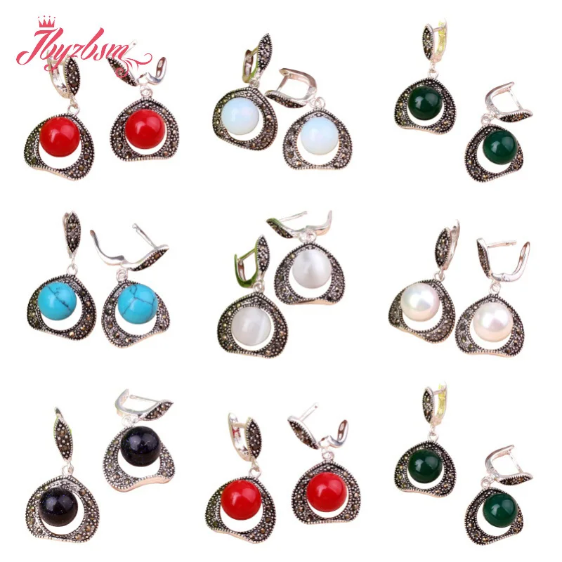 

10mm Round Shell Agate Turquoise Cat Eye Coral Tibetan Silver Huggie Earrings Gorgeous Women Jewelry for Birthday Party Gift