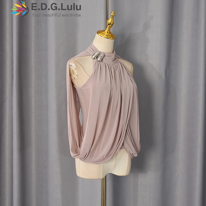 EDGLuLu Fashion Design Off Shoulder Irregular Long Sleeves Blouse Women O Neck Twist Front Ruched Party Evening Blouse 0406