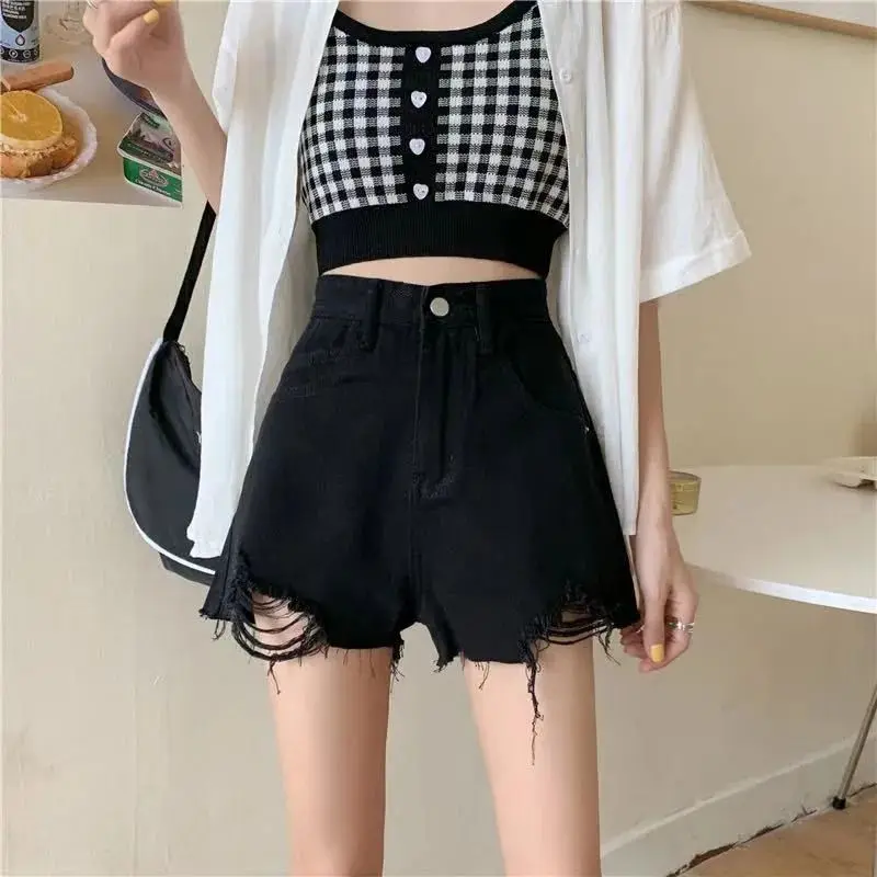 

New Summer Black Perforated Denim Shorts for Female Students High Waist Loose Wide Leg Ragged Edge A-line Hot Pants